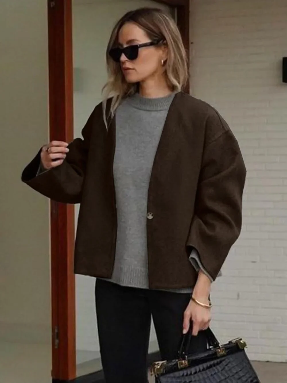 Women's Brown Wool Blend Cropped Collarless Long Sleeve Short Fall Pea Overcoat
